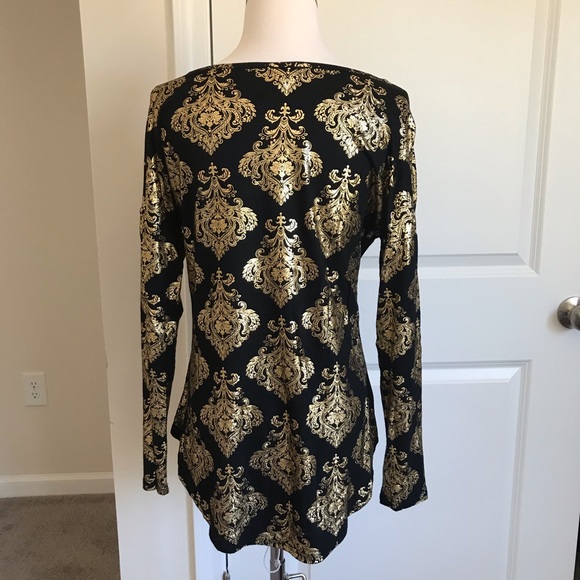 Black and gold damask print long sleeve top size S - Picture 2 of 5